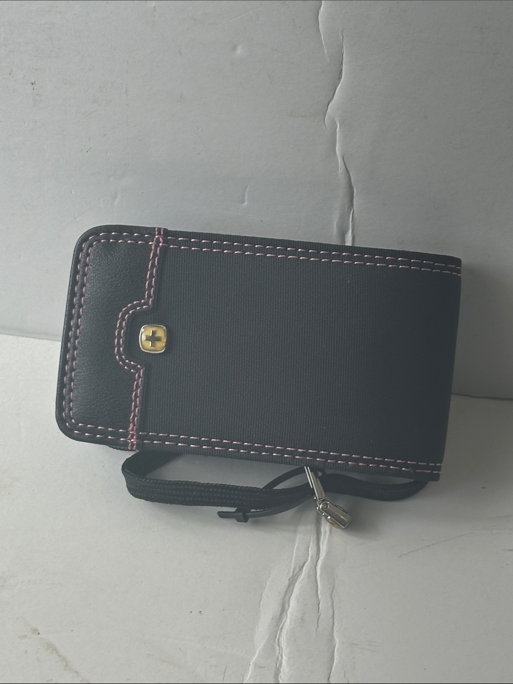 Wenger Black Phone Wallet Case with Pink Stitching and Gold Accent